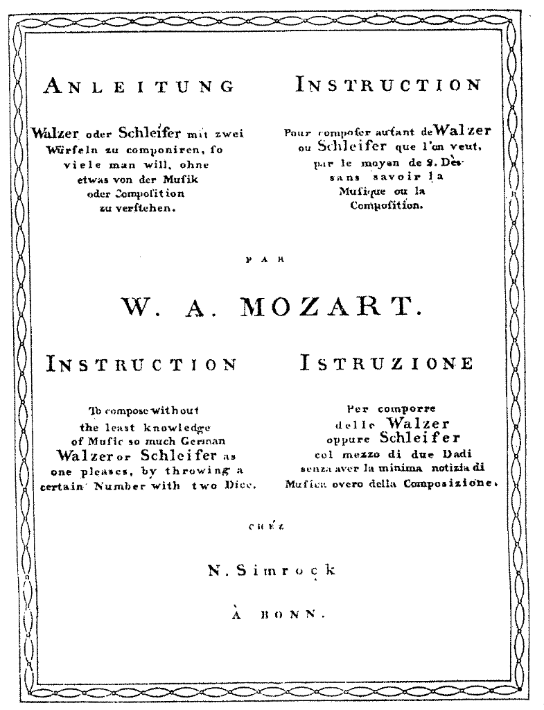 Portada do Musikalisches Würfelspiel atribuído a W. A. Mozart, publicado por N. Simrock en Bonn. Instruciones en alemán, francés, inglés e italiano para compor valses lanzando dados.