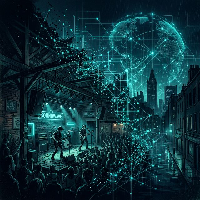 Ilustración que fusiona un club musical con nodos gráficos de una red global digital