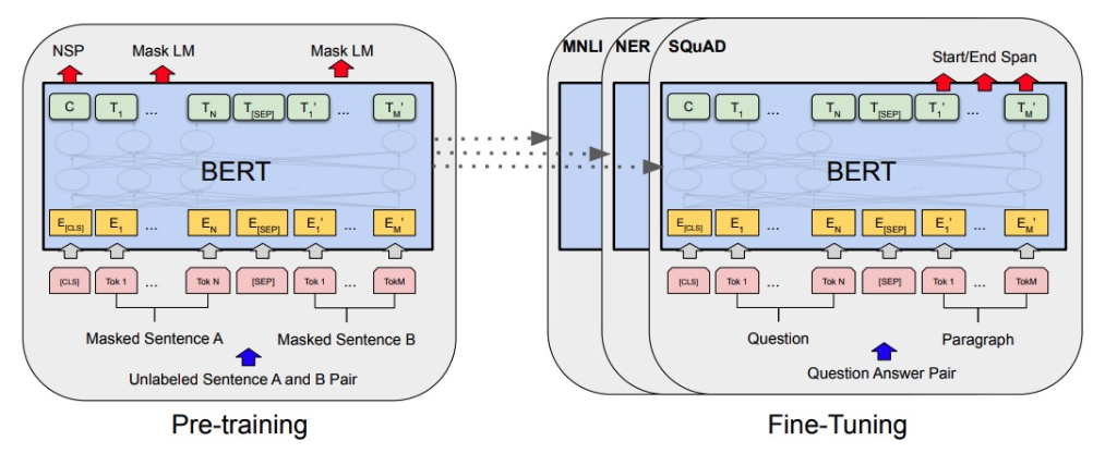 Diagrama da arquitectura BERT: preentrenamento con NSP e Mask LM (esquerda) e fine-tuning para distintas tarefas MNLI, NER, SQuAD (dereita)