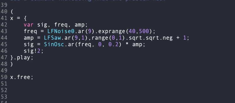 Código de SuperCollider sobre una interfaz oscura empleado como banner